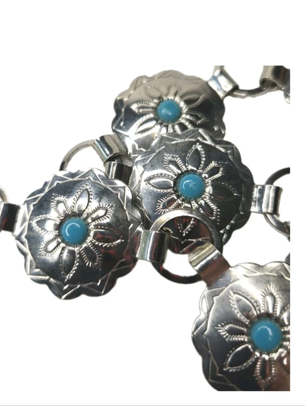 Vintage Southwestern Concho Belt Silver Tone Turquoise Accents 34”